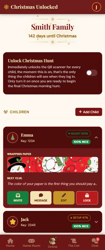 Christmas Unlocked parent organizer dashboard showing child profiles, Christmas Keys, and clue scheduling